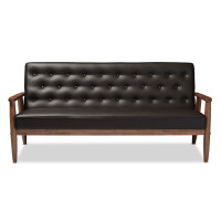 Baxton Studio BBT8013-Brown Sofa Sorrento Mid-century Retro Brown Leather Wooden 3-seater Sofa